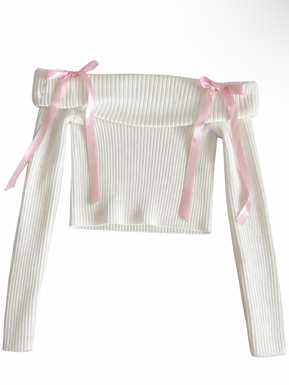 Off-Shoulder Ribbed Crop Top with Pink Ribbon Ties